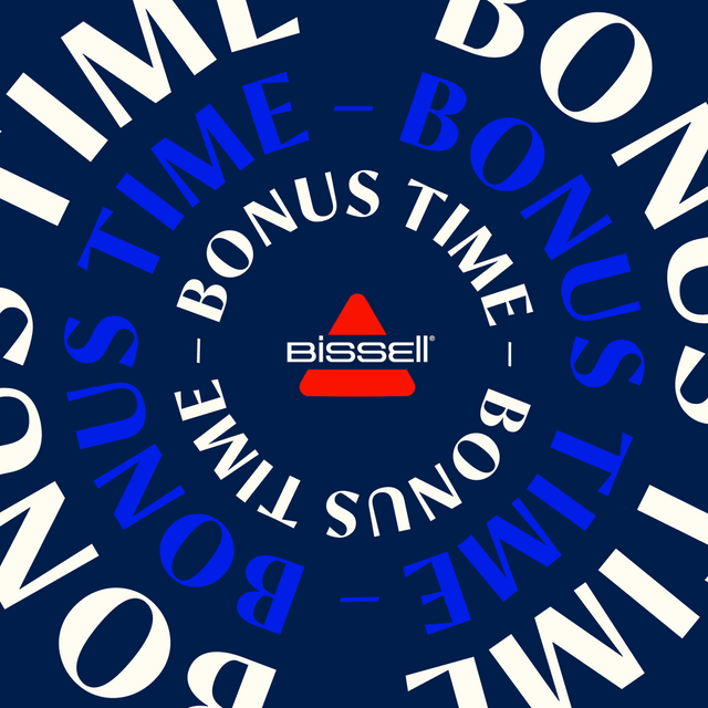 Bissell logo surrounded by 'Bonus Time' text on a blue background