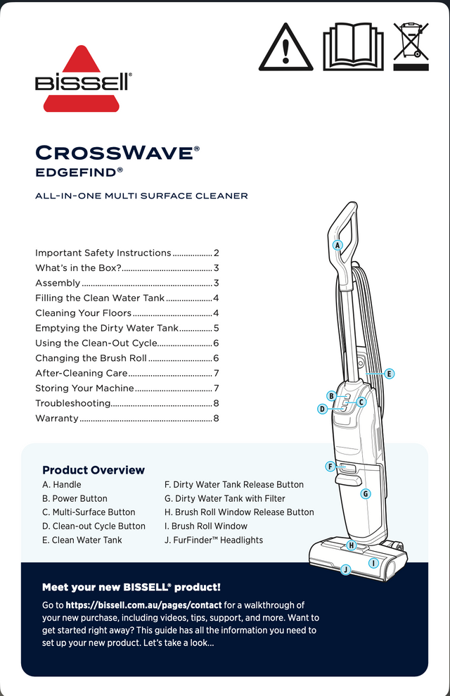 Bissell Crosswave Edgefind cleaning machine manual with safety instructions and product overview.